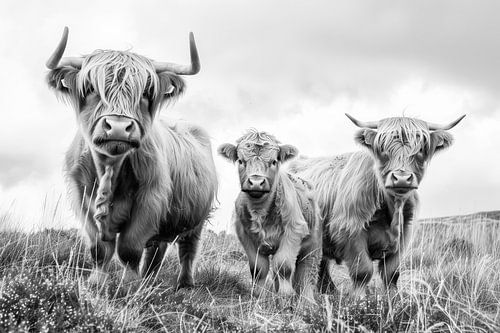 Drie schotse hooglanders in zwart wit