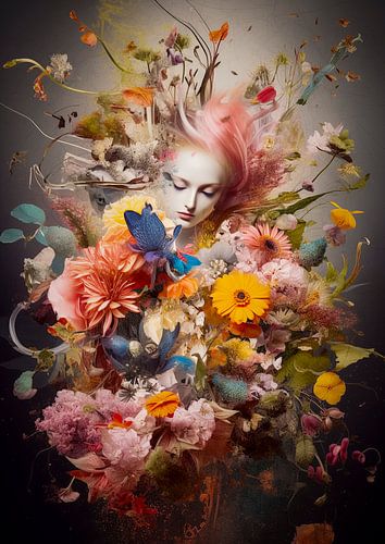 Een boeket bloemen met het gezicht van een meisje
