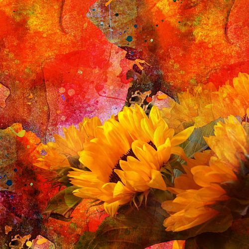 Zonnebloemen tegen een herfstachtige achtergrond van Andreas Wemmje