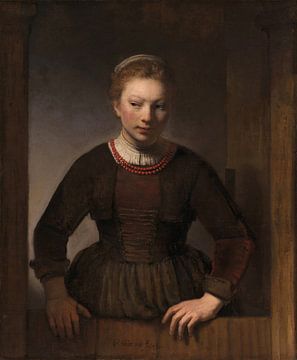 Vrouw bij een half open deur, Samuel van Hoogstraten
