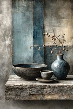 Dark Ceramic Still Life in Blue Grey and Earth tones by Joriali Fine Art