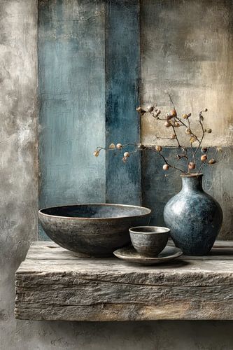 Dark Ceramic Still Life in Blue Grey and Earth tones by Joriali Fine Art
