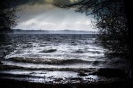 Lac avec des vagues sombres sur la rive par mauvais temps dans la forêt et des rayons de soleil dans par Maren Winter Aperçu
