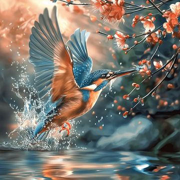 Ijsvogel omringd door bloesem en waterdruppels van Mel Digital Art