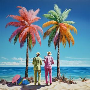 plage hommes palmiers mer vacances détente nostalgie