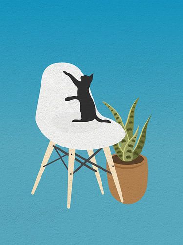 Minimal art of a cat on a simple chair