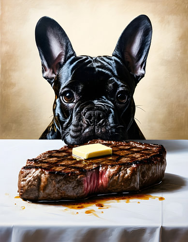 A hungry French Bulldog in front of a steak