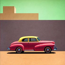 Voiture ancienne dans un paysage géométrique sur Jan Keteleer