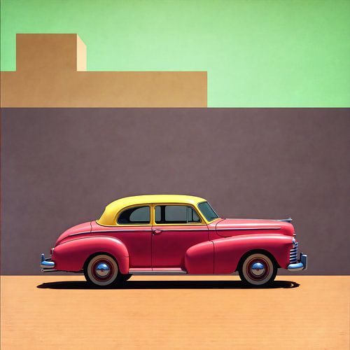 Voiture ancienne dans un paysage géométrique sur Jan Keteleer