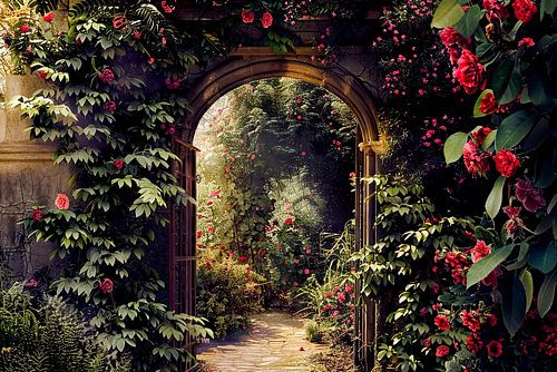 View through romantic rose garden