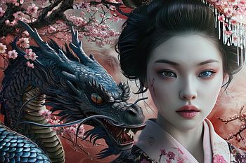 Oriental Interplay: Geisha's Elegance Meets Chinese Dragon's Strength