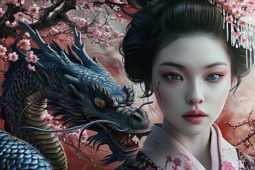 Oosters Samenspel: Geisha's Elegantie Ontmoet Chinese Draak's Kracht van Minouche Hijkoop