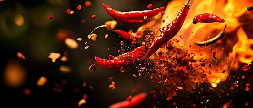 Des piments enflammés dans un tourbillon de flammes par Poster Art Shop