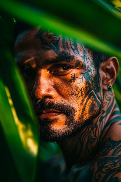 Homme tatoué dans la lumière de la jungle par Poster Art Shop