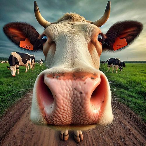 Close-up portrait of a cow in the meadow