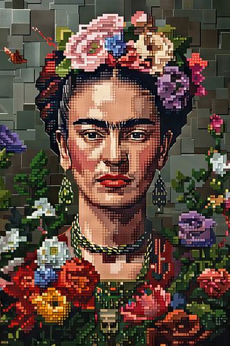 Frida's digitale bloemenkroon - pixel art portret