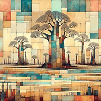 Collage/Mischtechnik Afrikanische Landschaft mit Affenbrotbäumen