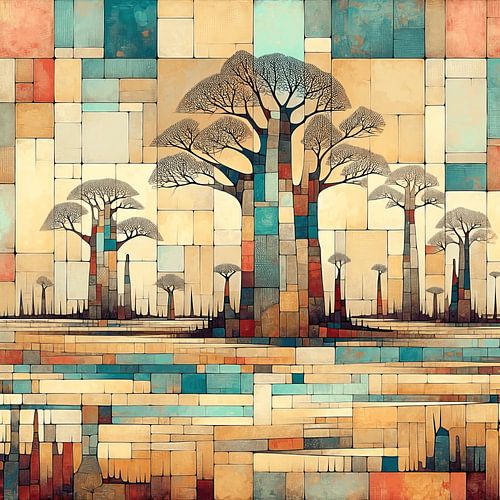 Collage/mixed media Afrikaans landschap met baobab bomen