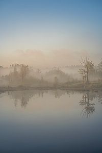 Fine art landschap van een mistige zonsopkomst aan het water
