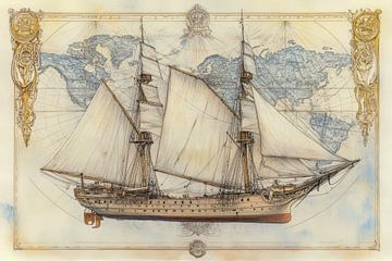 Gedetailleerde tekening van een historisch zeilschip, in blauw, bruin, beige van Peter Pen tekeningen en schilderijen