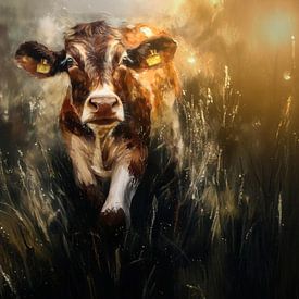 Kuh und Kalb in der Abendsonne von Marjolein Deelen