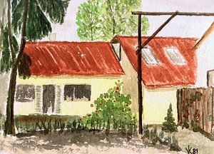 Blick auf ein Haus - Dettenhausen - Aquarell gemalt von VK (Veit Kessler) 1981