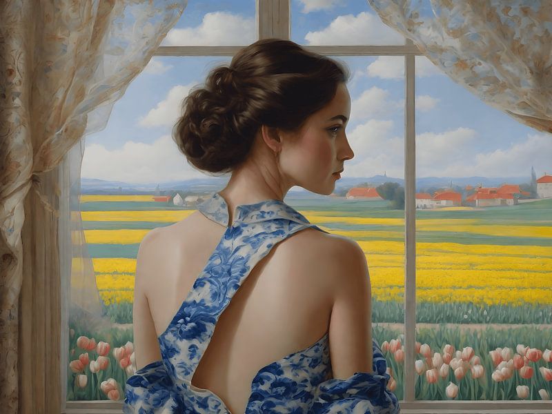 A portrait of a lady in a delft blue dress by Jolique Arte