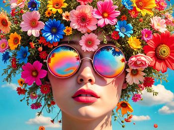 Buntes Porträt einer Frau mit Blumen und Brille