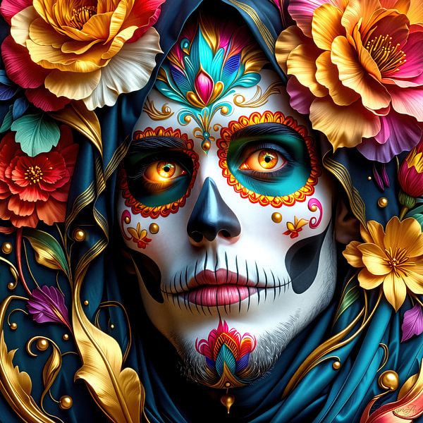 Día de los Muertos – Drei durchdringende Blicke in La-Catrina-inspirierter Darstellung, künstlerischer Intensität und kultureller Tiefe, ein Triptychon das den Tag der Toten in Mexiko feiert (2 von 3) von AidasignArt