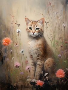 Chaton rayé dans un champ de fleurs sauvages
