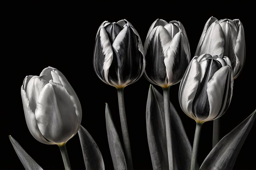 Schwarze und weiße Tulpen auf dunklem Hintergrund von Art & Soul Creations