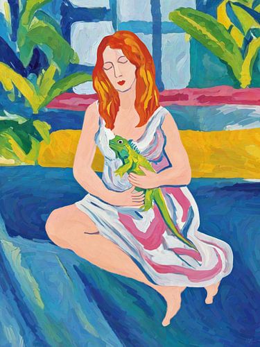 Frau mit Leguan, kühne tropische Natur Porträt drucken