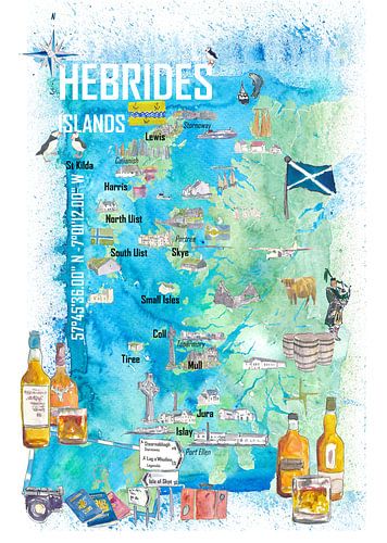 Illustrierte Reisekarte der Hebrideninseln mit touristischen Highlights