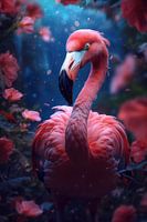 Portrait of a flamingo surrounded by flowers