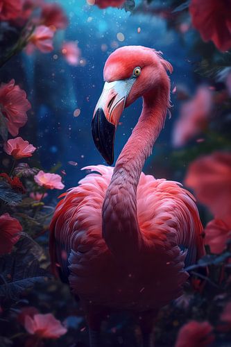 Portret van een flamingo omringd door bloemen