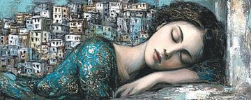 Tableau Amérique du Sud | Femme Turquoise sur Peinture Abstraite