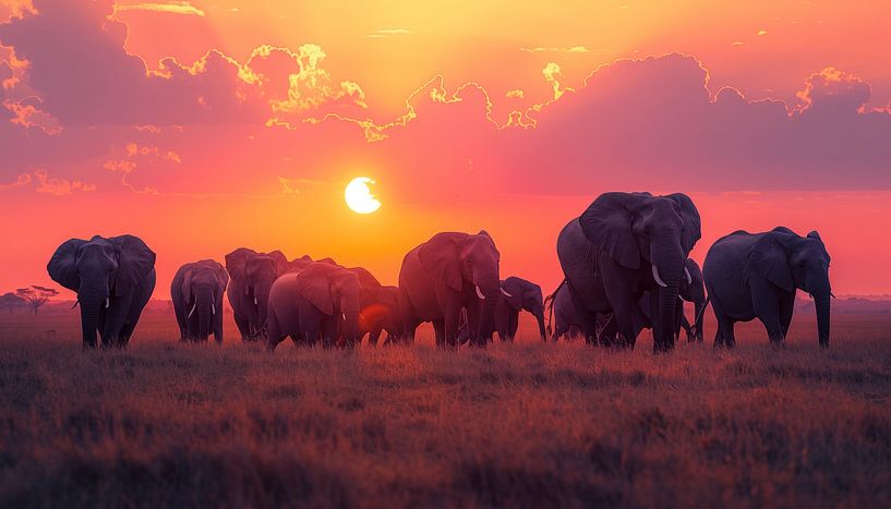 Kudde olifanten bij een roze zonsondergang panorama van TheXclusive Art