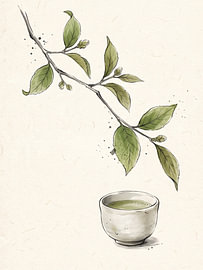Quiet Japanese Tea Ritual Beneath a Delicate Branch of Green Leaves by my pixel art