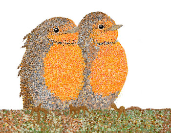 „Rotkehlchen auf einem Ast“ im Pointillismus