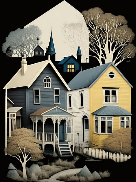 Stadtlandschaft Giebelhäuser Bäume Kirchturm surreal Idyll von gm_designs