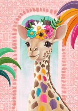 Tropical giraffe with flowers colourful illustration by Aniet Illustration