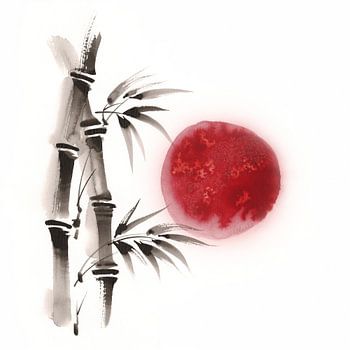Zen Bamboo Ink Wash Painting with Textured Crimson Red Full Moon