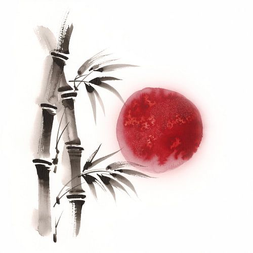Zen Bamboo Ink Wash Painting with Textured Crimson Red Full Moon