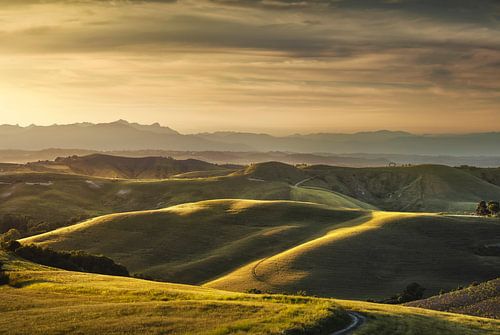 Glooiende heuvels bij zonsondergang. Volterra, Toscane