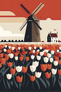 Minimalistisch Nederlands tulpenveld met een molen van Vlindertuin Art