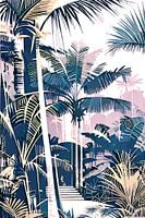 Jungle met weelderige plantengroei in roze en blauw