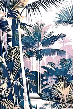 Jungle avec végétation luxuriante en rose et bleu sur Anna Marie de Klerk