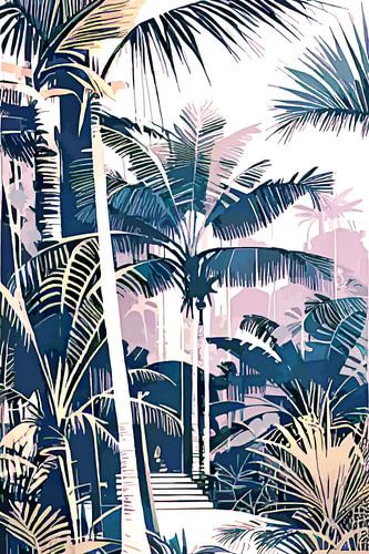 Jungle avec végétation luxuriante en rose et bleu
