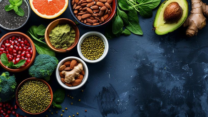 Healthy food clean eating selection: fruit, vegetable, seeds, superfood, cereals, leaf vegetable on gray  copy space von de-nue-pic