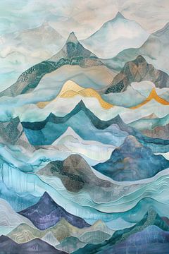 Berglandschap in blauw en goud - Abstracte harmonie